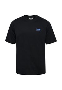 Zwarte katoenen T-shirt met een ronde hals en korte mouwen, voorzien van een klein blauw "hummel" logo op de borst. Eenvoudig en ongecompliceerd ontwerp.