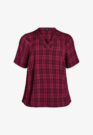 Lyhythihainen, V-pääntie ruudullinen paita punaisena ja mustana, jossa on rento istuvuus ja sileä rakenne, erottuvalla ruutukuvioinnilla koko pinnassa.