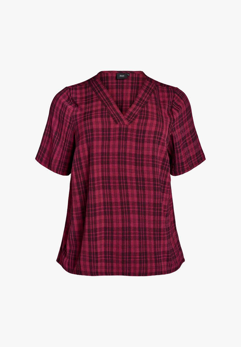 Kurzärmliges, V-Ausschnitt-Karottentop in Rot und Schwarz, mit lockerem Schnitt und glatter Textur, das ein deutliches Karomuster aufweist.