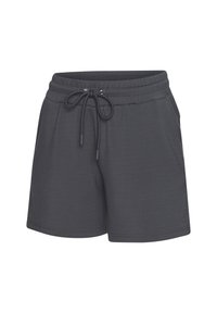 Dark gray athletic shorts made of soft fabric, featuring an elastic waistband with adjustable drawstring and side pockets.