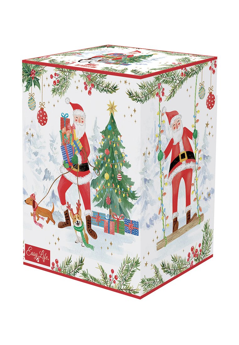 Père Noël portant des cadeaux avec un chien et un renne, un sapin de Noël décoré avec des cadeaux, et le Père Noël sur une balançoire avec des ornements suspendus.