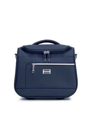 Navy blue textured bag with a top handle, double zipper closure, front zip pocket, and silver-plated logo accent on the front panel.