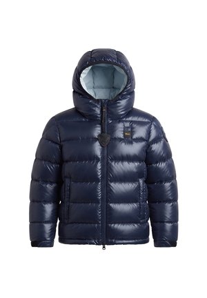 Giacca imbottita lucida blu navy con cappuccio, cerniera frontale e tasche laterali, progettata per il freddo.
