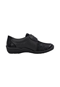 Chaussure noire avec tige en cuir et tissu texturé, fermeture à sangle élastique, forme légèrement courbée et semelle en caoutchouc avec rainures.