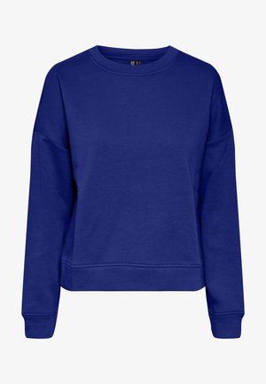 Blå sweatshirt lavet af blødt stof, med rund halsudskæring, lange ærmer og en afslappet pasform med ribbede manchetter og kant.