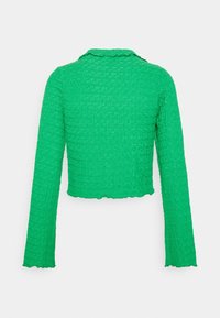 Zelený zkrácený top s dlouhým rukávem, texturovanou tkaninou, vlnkovým výstřihem a mírně rozšířenými rukávy. Pohled zezadu, bez viditelných zapínání.