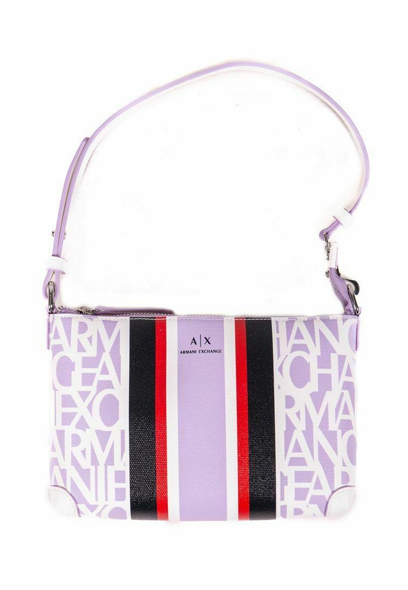 Borsa a tracolla viola e bianca con accenti a strisce nere e rosse, dotata di stampa del logo e tracolla regolabile. Materiale testurizzato.
