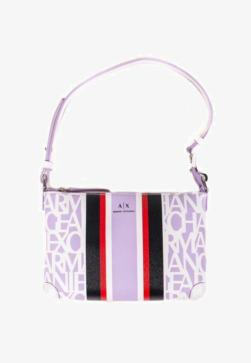 Borsa a tracolla viola e bianca con accenti a strisce nere e rosse, dotata di stampa del logo e tracolla regolabile. Materiale testurizzato.