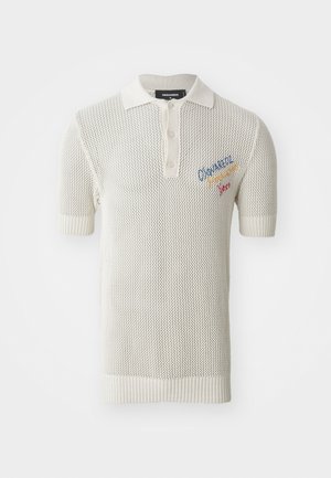 Polo din tricot de culoare crem, cu mâneci scurte, având un guler ribat și o închidere cu trei butoane, precum și detalii brodate colorate.