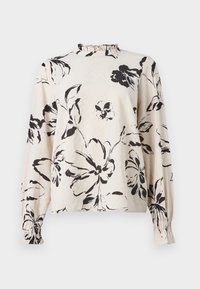 Blomstret langærmet bluse i creme med sorte blomstermønstre, med en flæset halsudskæring og elastiske manchetter for en rynket effekt.