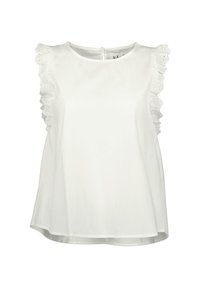 Blusa senza maniche bianca in cotone, con rifiniture in pizzo arricciato sulle spalle, scollatura rotonda e una vestibilità leggermente over.