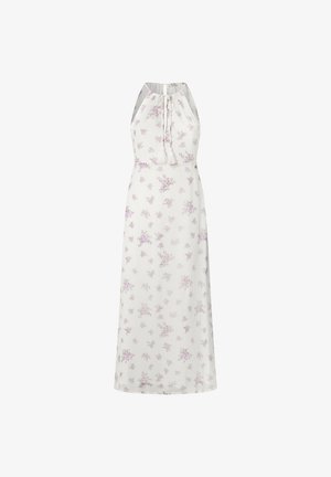 Abito bianco con motivo floreale viola, design a collo halter, scollo arricciato e un tessuto leggero e morbido. Lungo e alla caviglia.