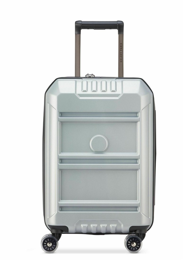 Valigia rigida argentata con manico telescopico e quattro ruote pivotanti, progettata per un trasporto facile e una grande durabilità.