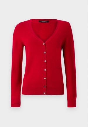 Rød cardigan med V-hals, lange ermer og knappestolpe. Laget av mykt stoff, har ribbestrikkede mansjetter og kant.