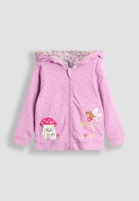 Rosa Zip-Hoodie mit Punkten. Verfügt über ein mit Blumenmuster gefüttertes Kapuzenschild, Applikationen von Feen und Pilzen sowie gerippte Bündchen und Saum.