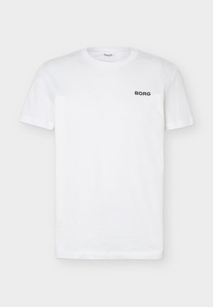 Bílé tričko s krátkým rukávem a kulatým výstřihem s malým černým textovým logem "BORG" na levé straně hrudi.