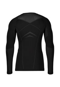 Schwarzes langärmliges Sportshirt mit strukturierten Mesh-Einsätzen, Nahtdetails und einer taillierten Passform mit einem dreieckigen Muster auf der Rückseite.