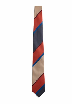 Slim necktie with diagonal stripes in beige, burnt orange, navy blue, and dark gray colors on a white background.