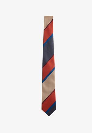 Slim necktie with diagonal stripes in beige, burnt orange, navy blue, and dark gray colors on a white background.