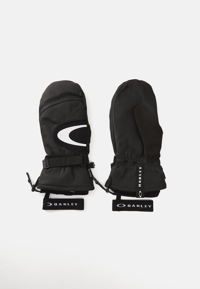 Black mittens with a textured finish, featuring a white logo, adjustable straps, and a smooth accent on the thumb area.