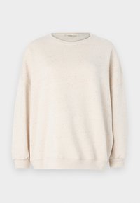 Helles beiges Sweatshirt aus weichem Textil, mit Rundhalsausschnitt, langen Ärmeln und einem gesprenkelten Muster in sanften Farbtönen.