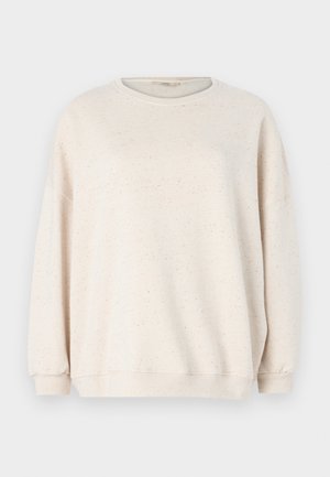 Sweatshirt bege claro feito de tecido macio, com decote redondo, mangas longas e um padrão salpicado em tons subtis.