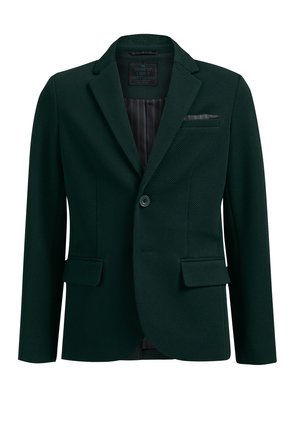 Groene gestructureerde blazer met een enkele knoopsluiting, twee voorkeurszakken en een gestreepte voering. Geen zichtbare patronen of accenten.