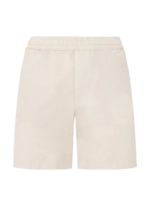 Shorts con fascia elastica beige, taglio dritto senza tasche visibili o motivi, mostrati frontalmente.