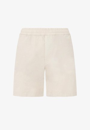 Beige Shorts mit elastischem Bund, geradem Schnitt und ohne sichtbare Taschen oder Muster, von vorne gezeigt.