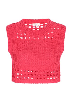 Top scurt din tricot croșetat, de culoare roz vibrant, cu decolteu rotund și un model deschis complex. Mâneci scurte cu detalii ribbate.