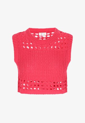 Horgolt rövid ujjú crop top élénk rózsaszínben, kerek nyakkivágással és bonyolult nyitott mintával. Rövid ujjakkal, bordázott részletezéssel.