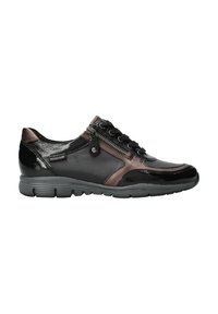 Chaussures décontractées noires et bronzes avec une finition en cuir lisse et en vernis, dotées d'une fermeture éclair sur le côté, d'un laçage à l'avant et d'une semelle en caoutchouc texturée.
