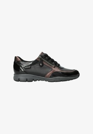 Chaussures décontractées noires et bronzes avec une finition en cuir lisse et en vernis, dotées d'une fermeture éclair sur le côté, d'un laçage à l'avant et d'une semelle en caoutchouc texturée.