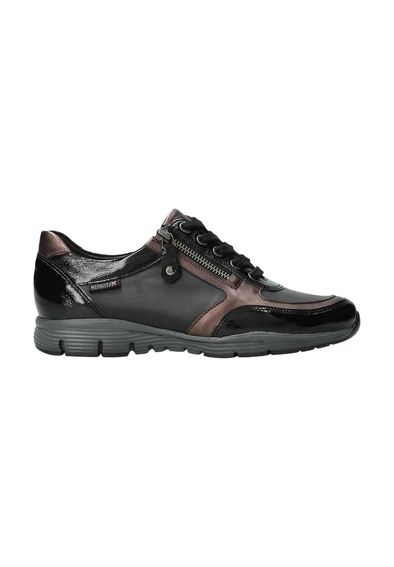 Chaussures décontractées noires et bronzes avec une finition en cuir lisse et en vernis, dotées d'une fermeture éclair sur le côté, d'un laçage à l'avant et d'une semelle en caoutchouc texturée.