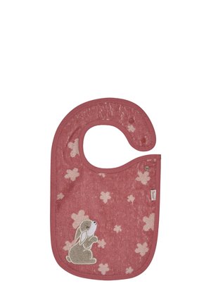 Cotton bib in muted rose, features a rabbit design and light floral patterns, with snap closures for adjustment and comfort.