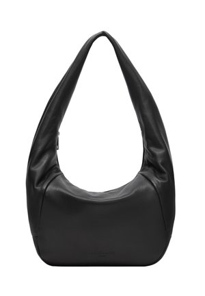 Schwarze, weiche Leder-Hobo-Tasche mit einem breiten, abgerundeten Riemen und einem Reißverschluss oben.