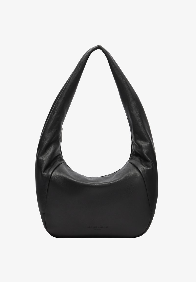 Sac hobo en cuir souple noir avec une large bandoulière arrondie et une fermeture éclair en haut.