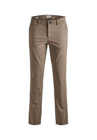 Chinos beiges en mélange de coton, avec une coupe droite, fermeture à un bouton et poches surpiquées. Texture lisse avec un éclat subtil.