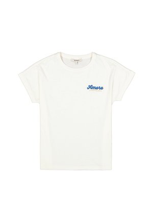 Weißes Baumwoll-T-Shirt mit kurzen hochgekrempelten Ärmeln. Mit blau gesticktem Schriftzug "Amore" auf der linken Brust, lässiger Passform und glatter Textur.