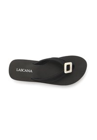 Black flip-flop sandal with a textured footbed and fabric straps. Features a square white buckle detail. Brand name "LASCANA" displayed.