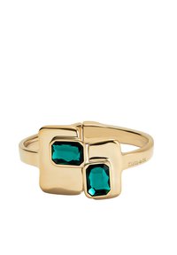 Pulsera en tono dorado con dos piedras de vidrio rectangulares de color teal, con un diseño suave y escultórico. Texturizado notable en los acentos dorados.
