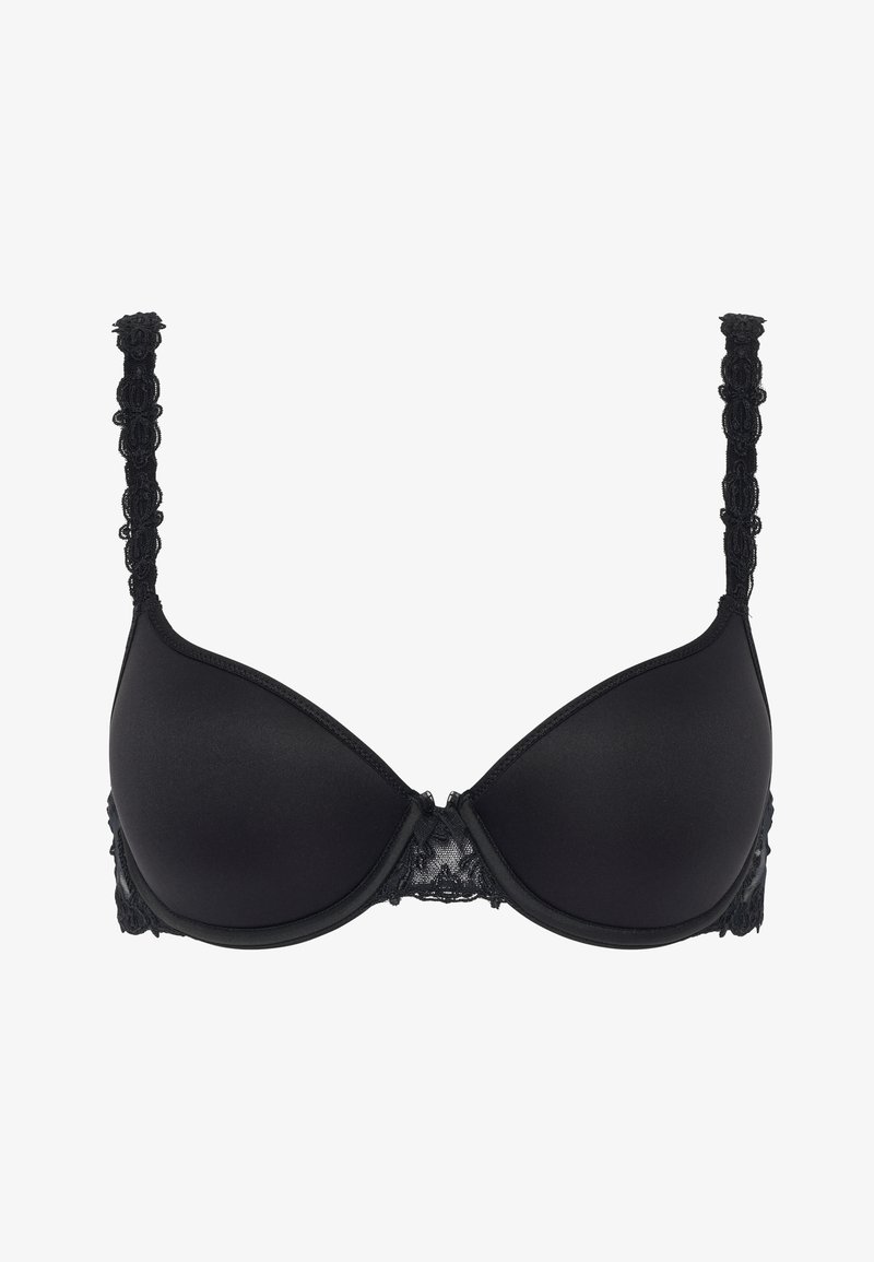 Čierna podprsenka s vypchávkami a hladkými košíčkami, čipkované detaily pozdĺž strán a ramienok, s kvetinovými ozdobami na ramienkach. Klasický dizajn a nastaviteľné ramienka.