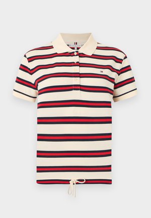 Stripet poloshirt i kremfarge med marineblå og røde horisontale striper, krage og fire knapper; justerbar snor nederst.