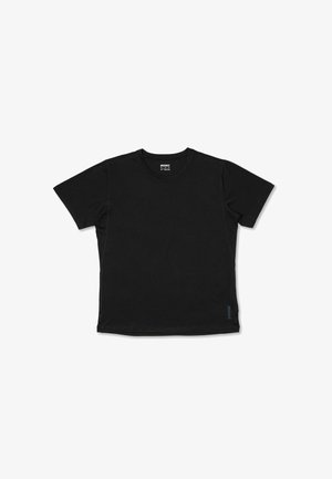 T-shirt nera a maniche corte realizzata in tessuto morbido con scollo rotondo. Presenta cuciture piatte e un piccolo logo sul lato inferiore sinistro.