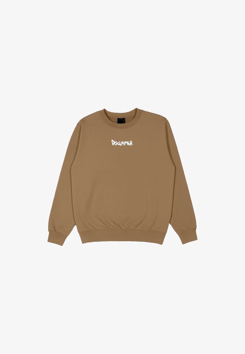 Felpa marrone in cotone con collo rotondo, polsini e orlo a coste. Presenta la scritta "Disclaimer" stampata in bianco.