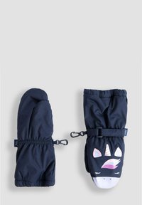 Granatowe rękawice z jednorożcem na jednej z nich, wykonane z miękkiego materiału, z elastycznymi mankietami i zapięciami na napę dla pewnego dopasowania.