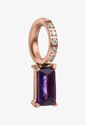 Anhänger aus Roségold mit einer vertikalen Reihe kleiner klarer Steine und einem rechteckigen violetten Edelstein darunter.