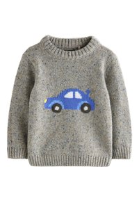 Grå stickad tröja med ett blått bilmotiv. Tyget har en prickig textur med gula och blå accenter. Ribbstickad halsringning och mudd.