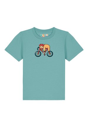 Helles türkisfarbenes T-Shirt mit kurzen Ärmeln und einem Cartoon-Graphic eines Hotdogs, der Fahrrad fährt. Hergestellt aus weichem Stoff, mit Rundhalsausschnitt.