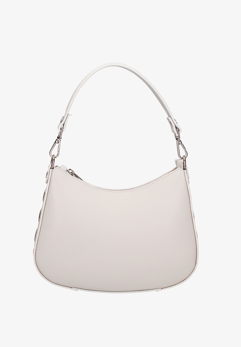 Kleine, hellbeige Lederhandtasche mit gebogenem Reißverschluss oben und abnehmbarem Schulterriemen mit silbernen Metallverschlüssen.